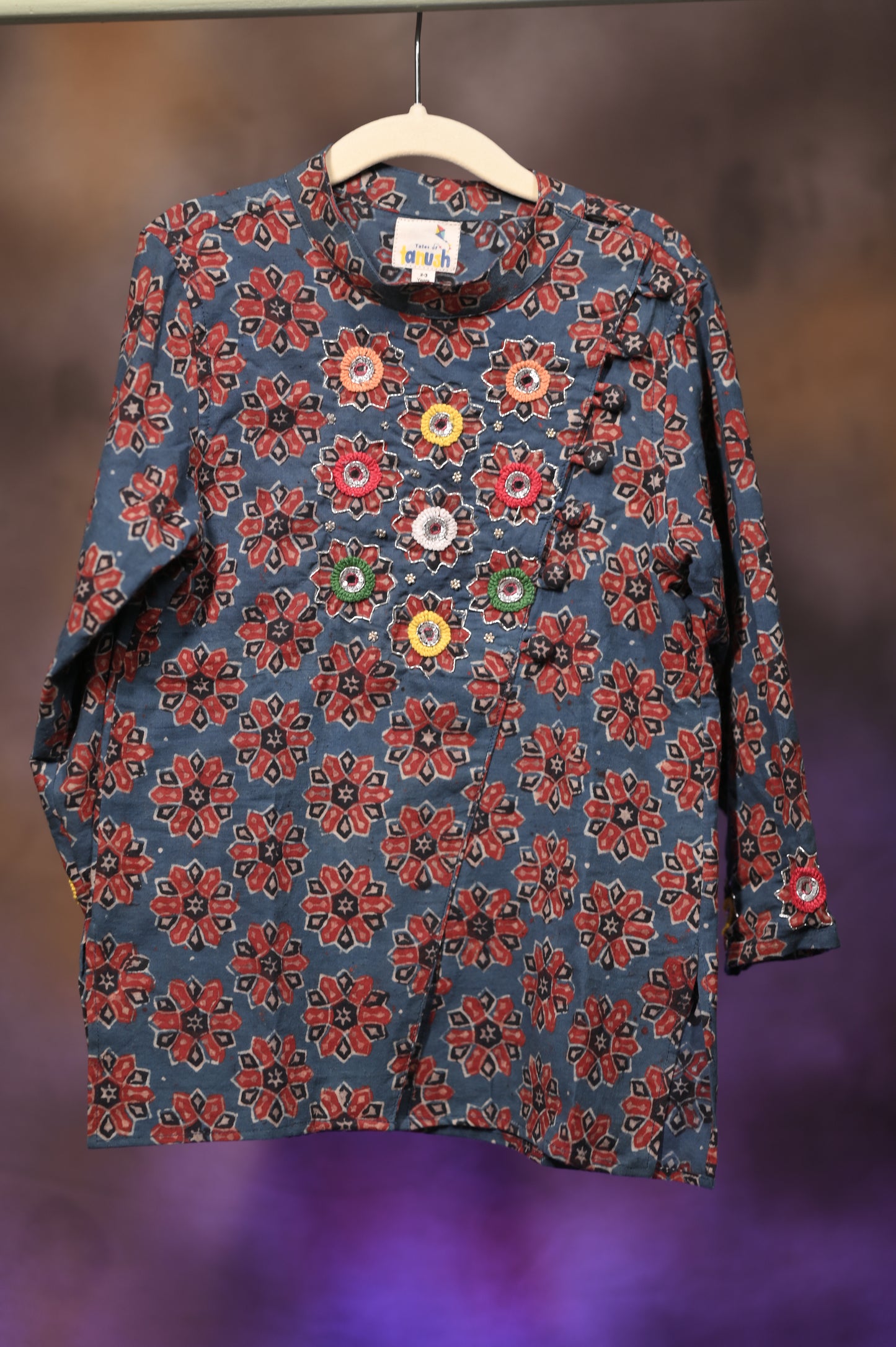 Starry Bloom Hand Embroidered Ajrakh Kurta Set