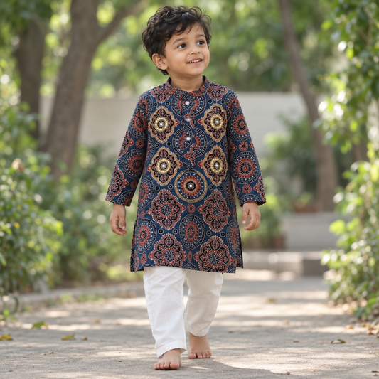 Neeltara Organic Cotton Hand-Embroidered Ajrakh Kurta Pyjama Set