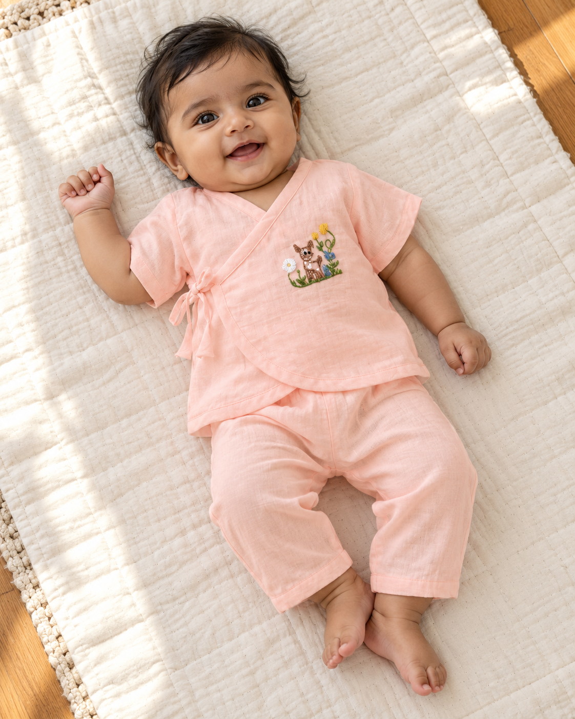 Meadow Fawn Hand-Embroidered Muslin Jhabla Set