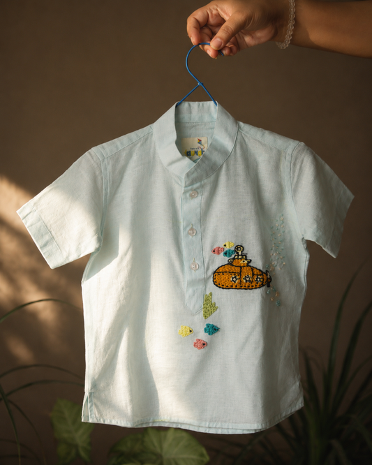 The Underwater Magic Cotton Linen Hand Embroidered Kurta Shirt