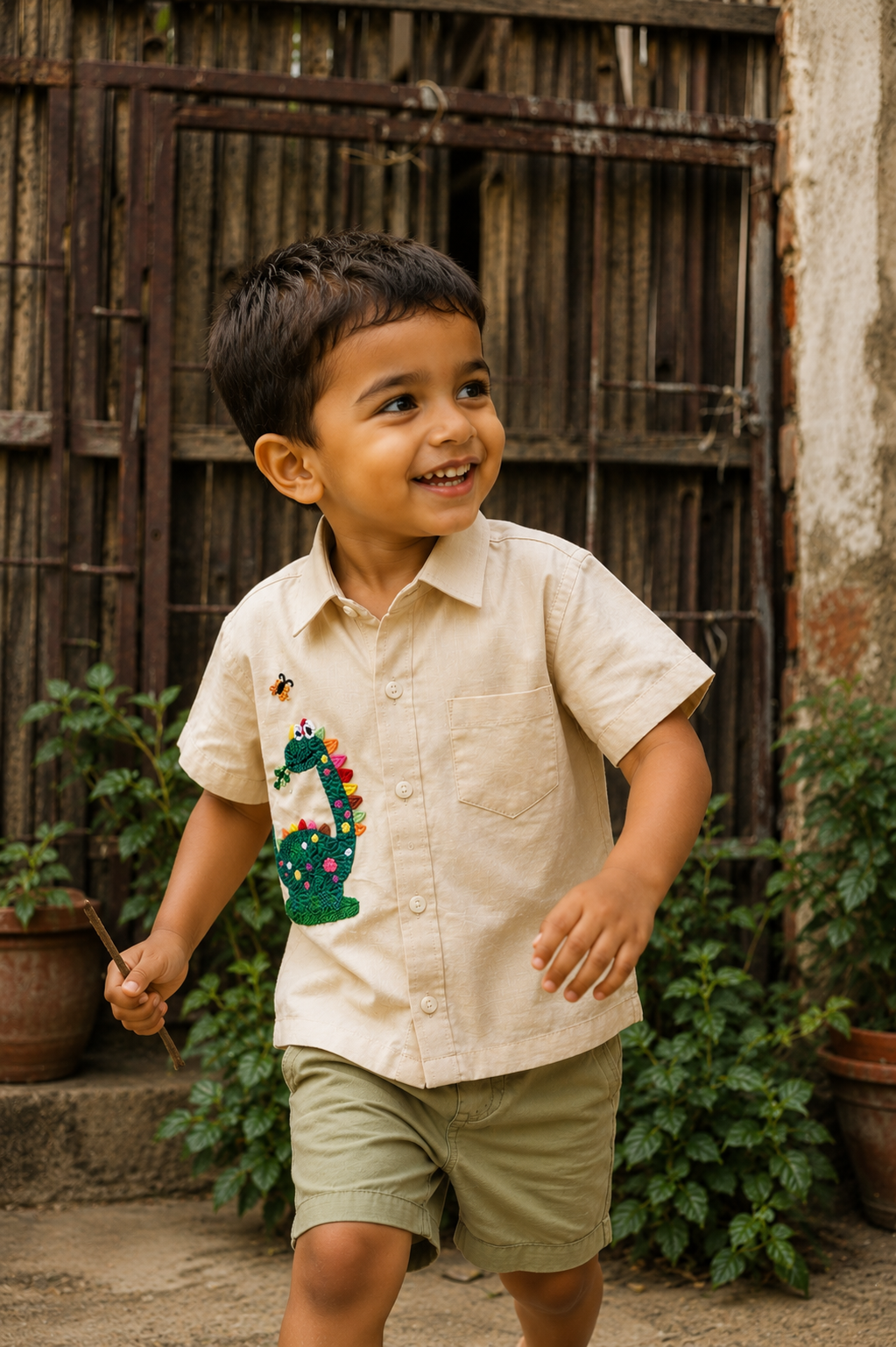Gentle Dinosaur Hand Embroidered Shirt