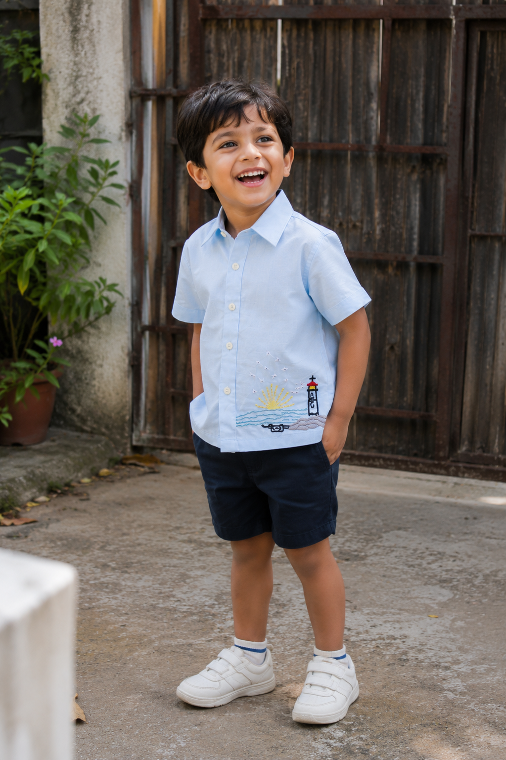 Lighthouse Adventure Cotton Linen Hand Embroidered Shirt