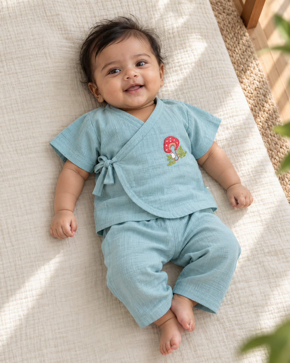 Mushroom Meadow Hand-Embroidered Muslin Jhabla Set