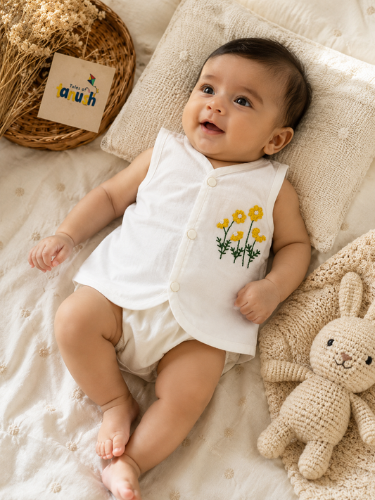 Yellow Wildflower Hand Embroidered Cotton Modal Jhabla