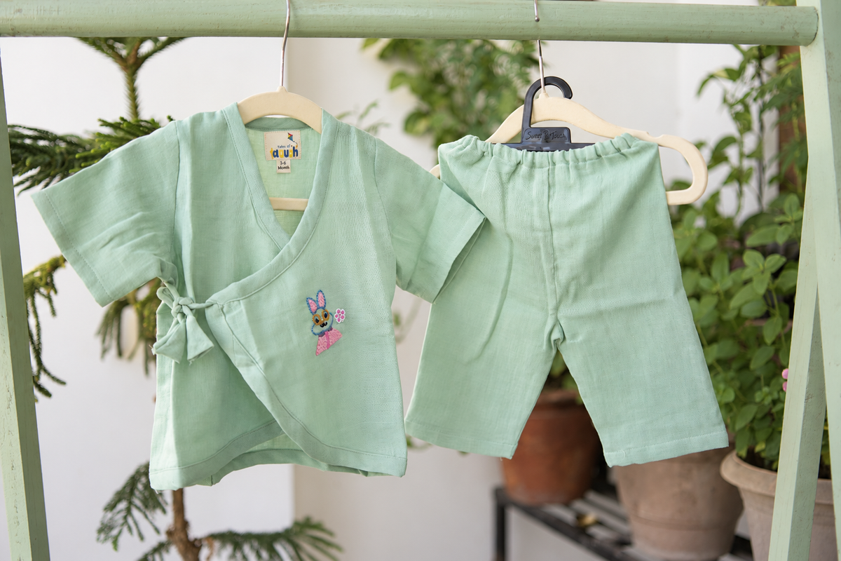 Bunny Blossom Hand-Embroidered Muslin Jhabla Set