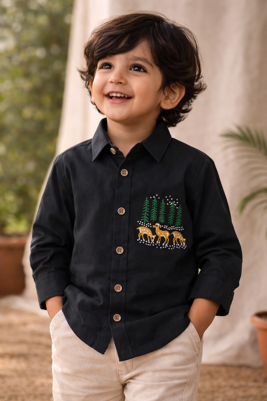 Deer Lyocell Hand Embroidered Full Sleeves Shirt