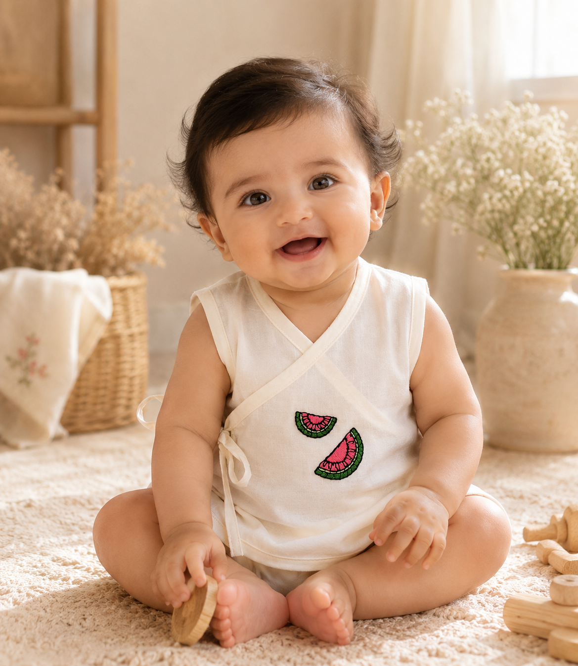 Watermelon Hand Embroidered Cotton Modal Jhabla