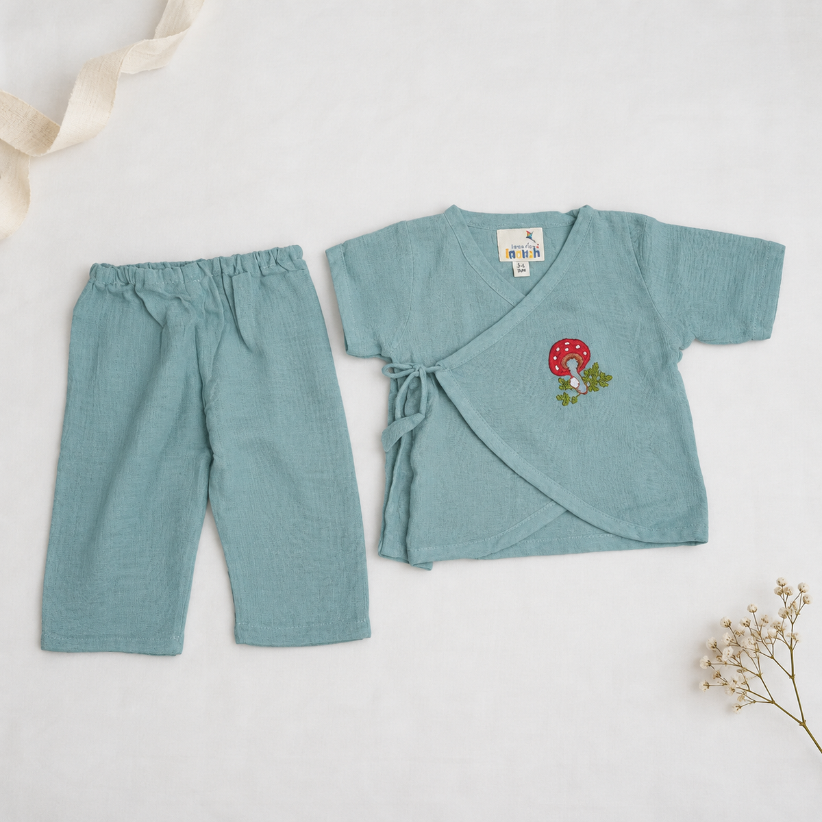 Mushroom Meadow Hand-Embroidered Muslin Jhabla Set