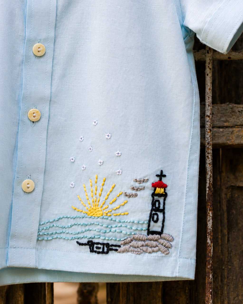 Lighthouse Adventure Cotton Linen Hand Embroidered Shirt