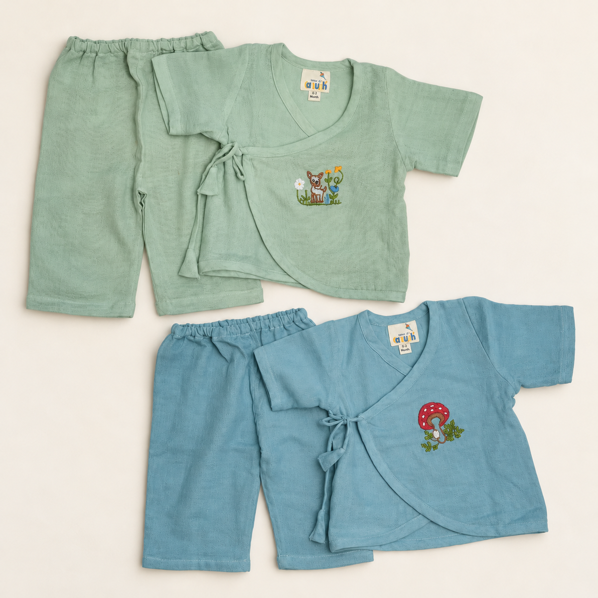 Woodland Stories Hand Embroidered Muslin Jhabla Set Bundle