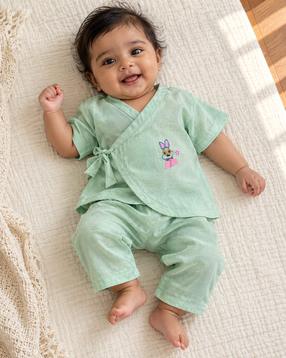 Bunny Blossom Hand-Embroidered Muslin Jhabla Set