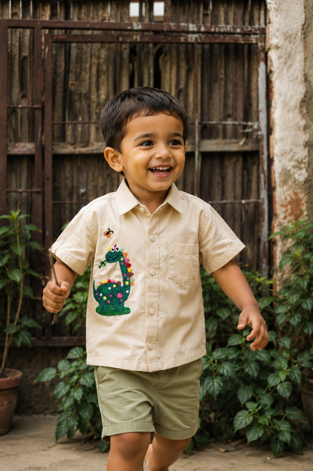 Gentle Dinosaur Hand Embroidered Shirt