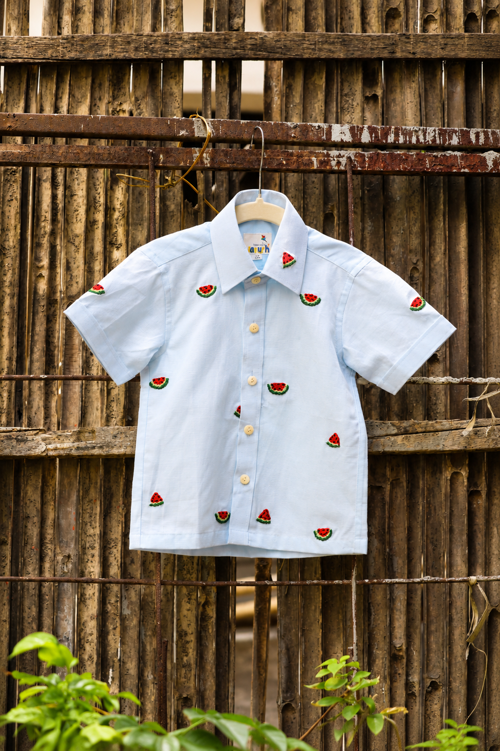 Watermelon Slice Cotton Linen Hand Embroidered Shirt