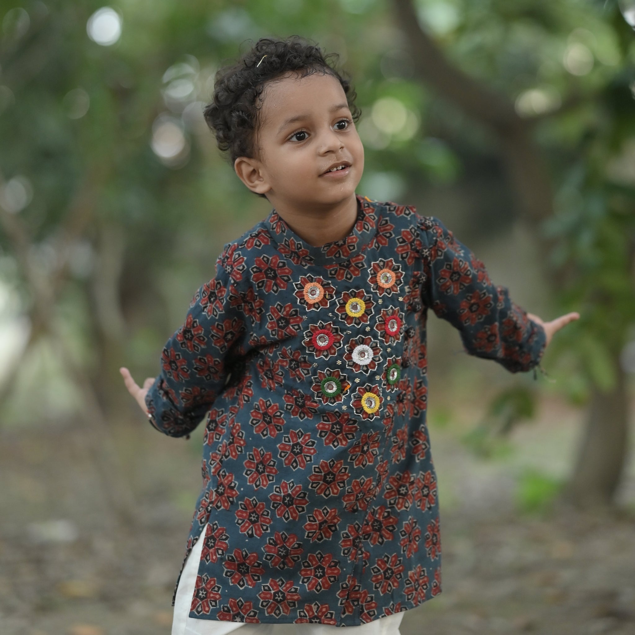 Starry Bloom Organic Cotton Hand Embroidered Ajrakh Kurta Set