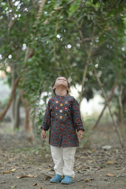 Starry Bloom Hand Embroidered Ajrakh Kurta Set