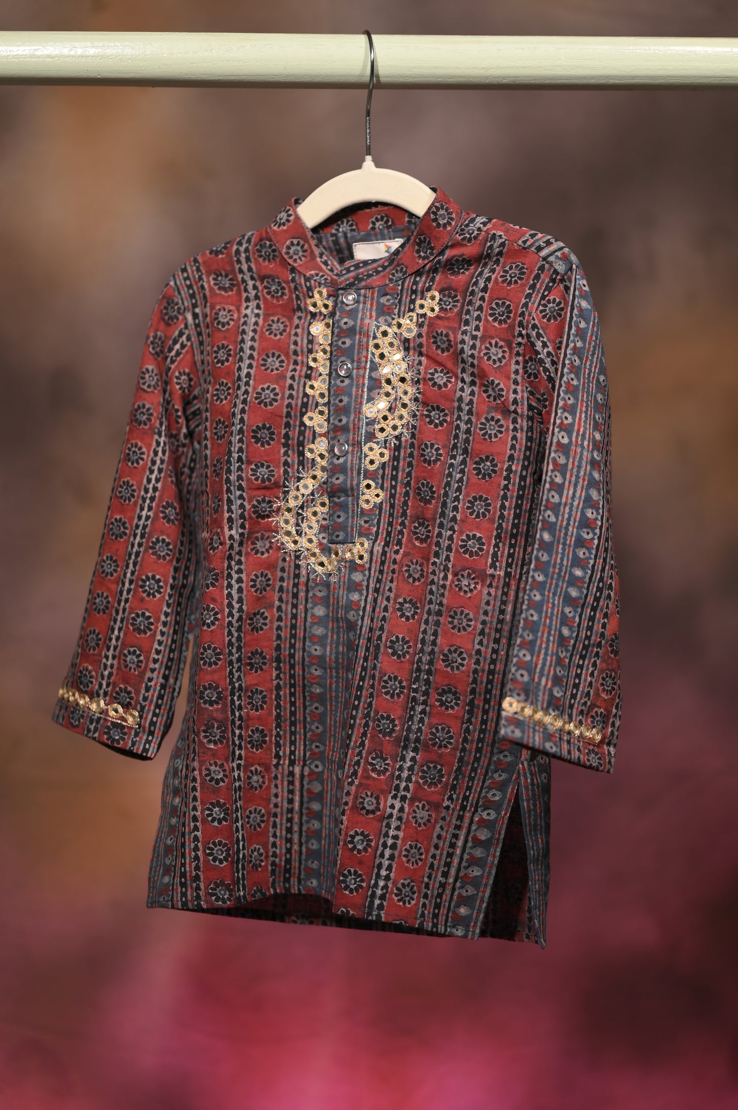 Regal Stripes Hand Embroidered Ajrakh Kurta Set