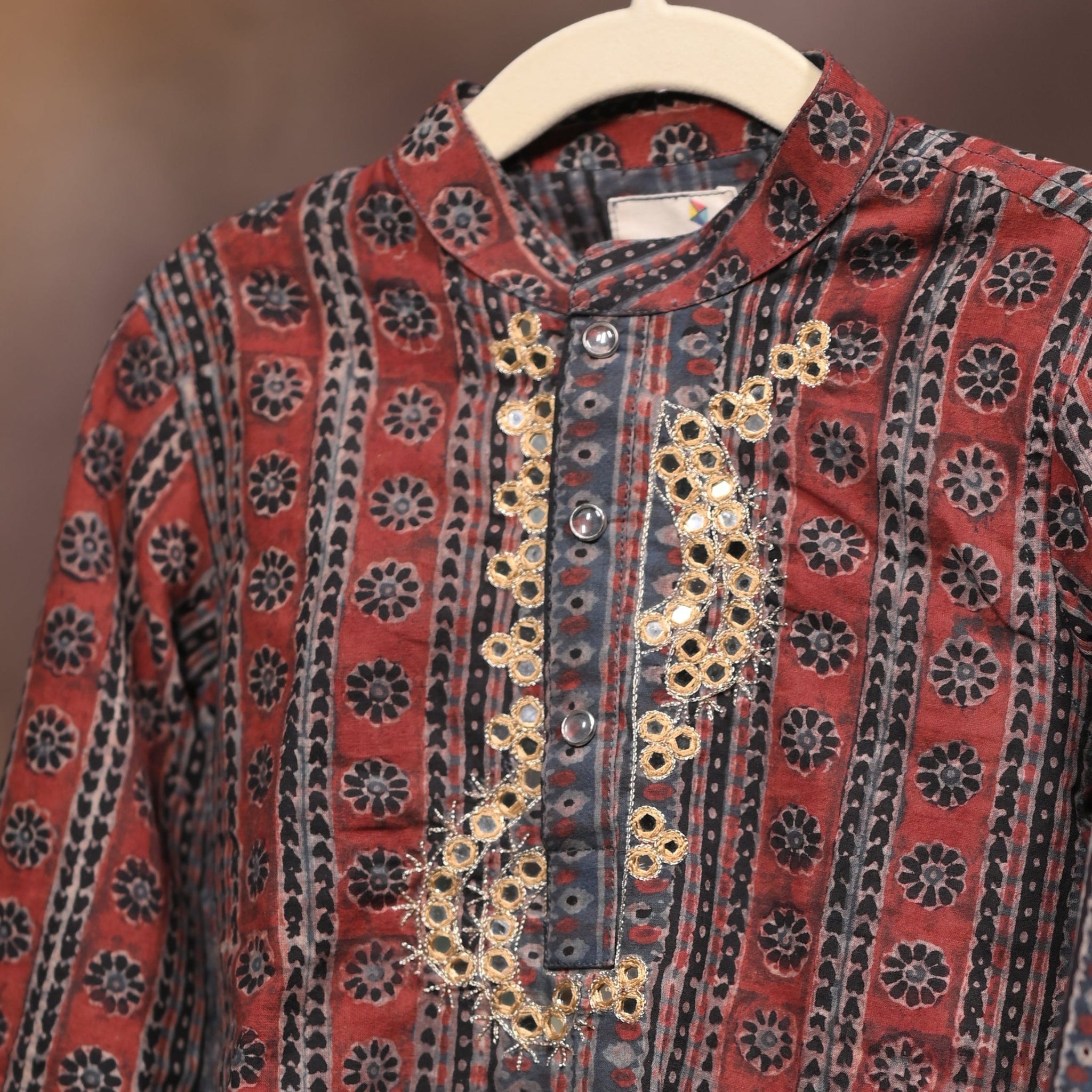 Regal Stripes Organic Cotton Hand Embroidered Ajrakh Kurta Set