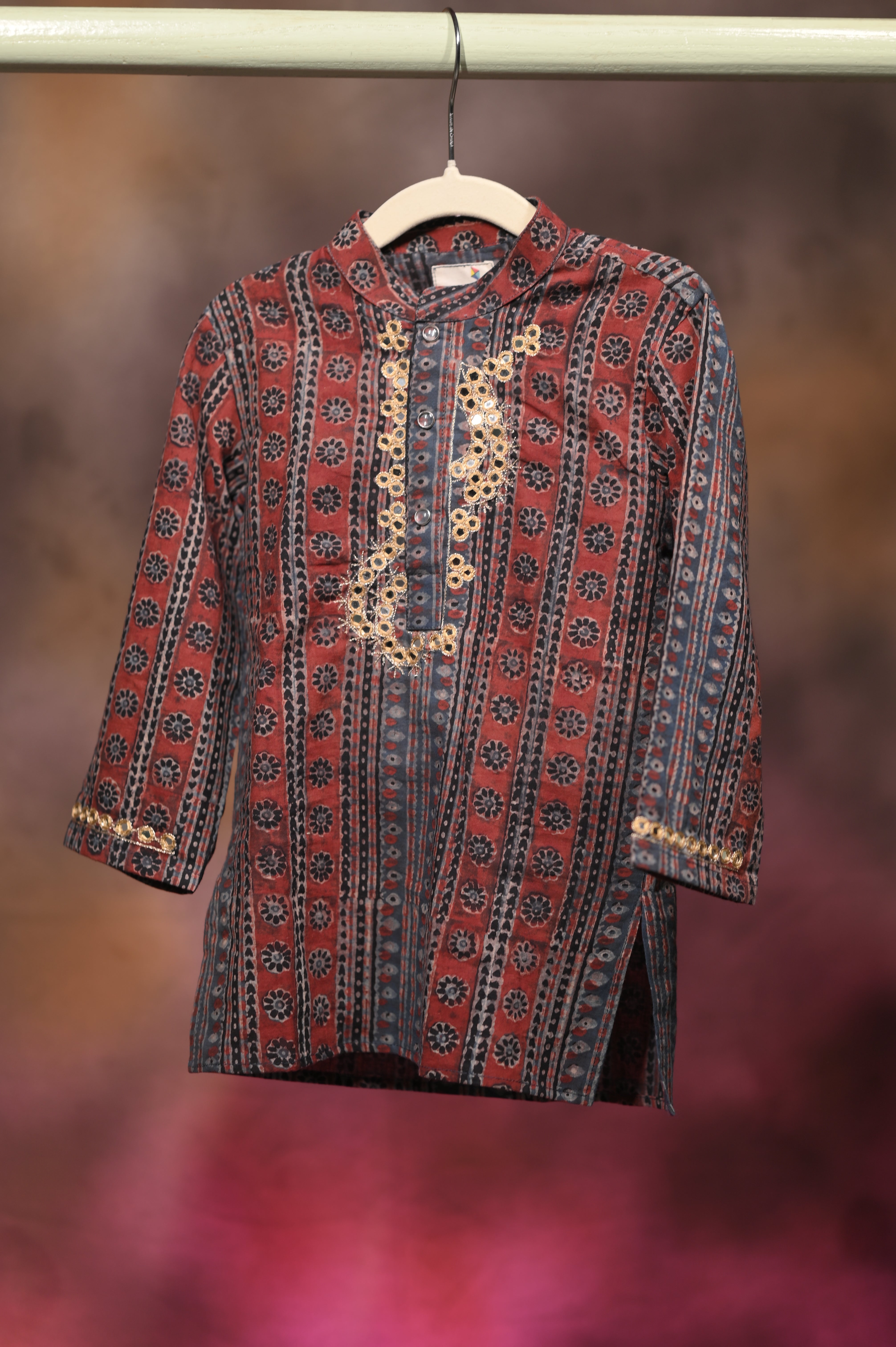 Regal Stripes Hand Embroidered Ajrakh Kurta Set