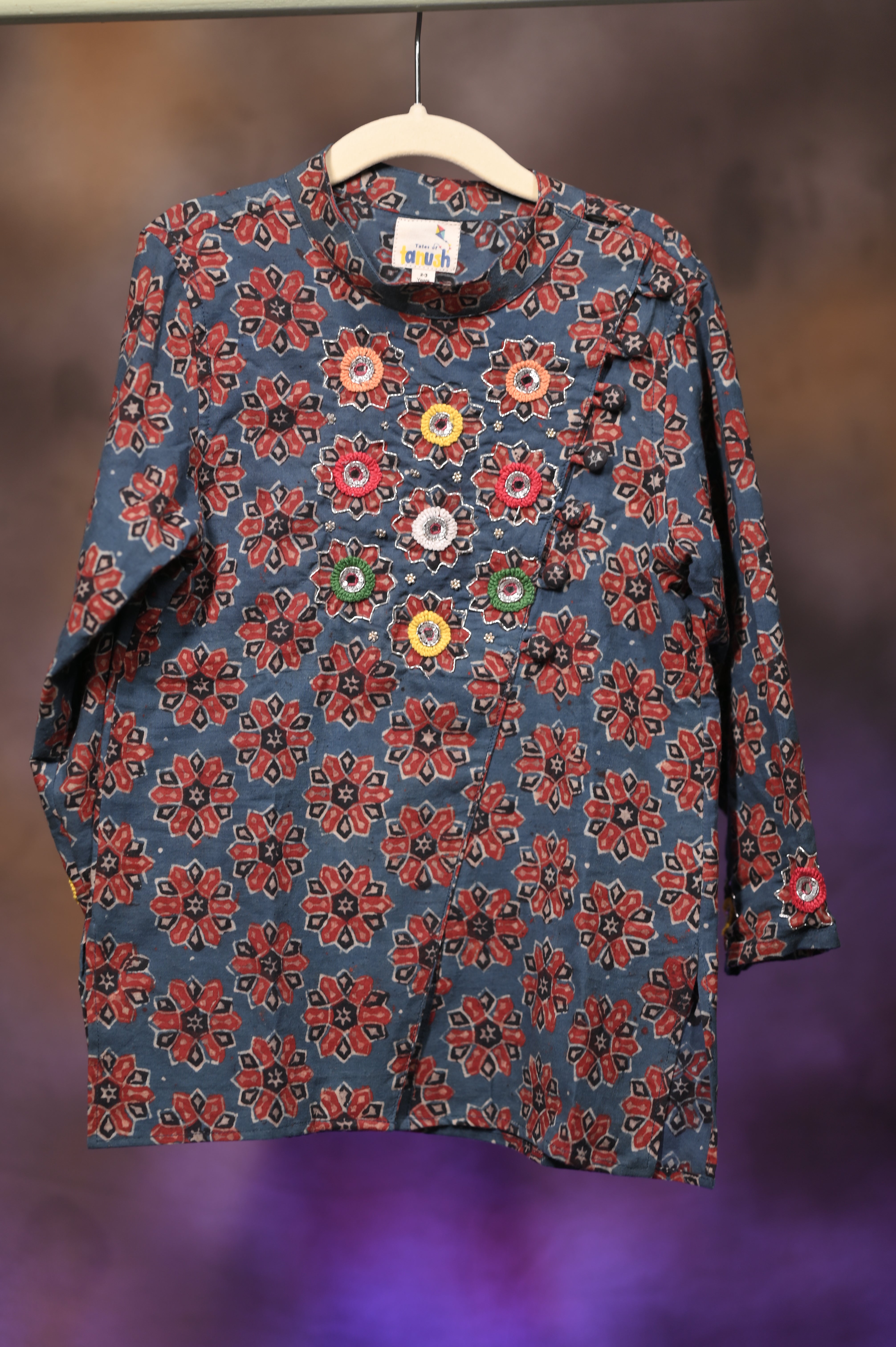 Starry Bloom Hand Embroidered Ajrakh Kurta Set