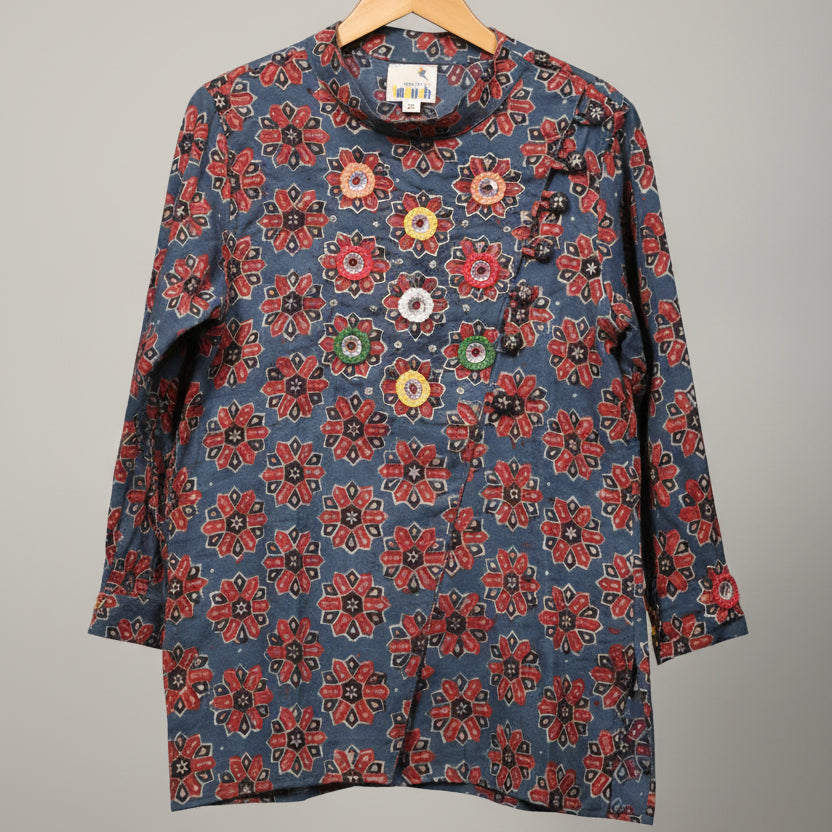 Starry Bloom Organic Cotton Hand Embroidered Ajrakh Kurta Set