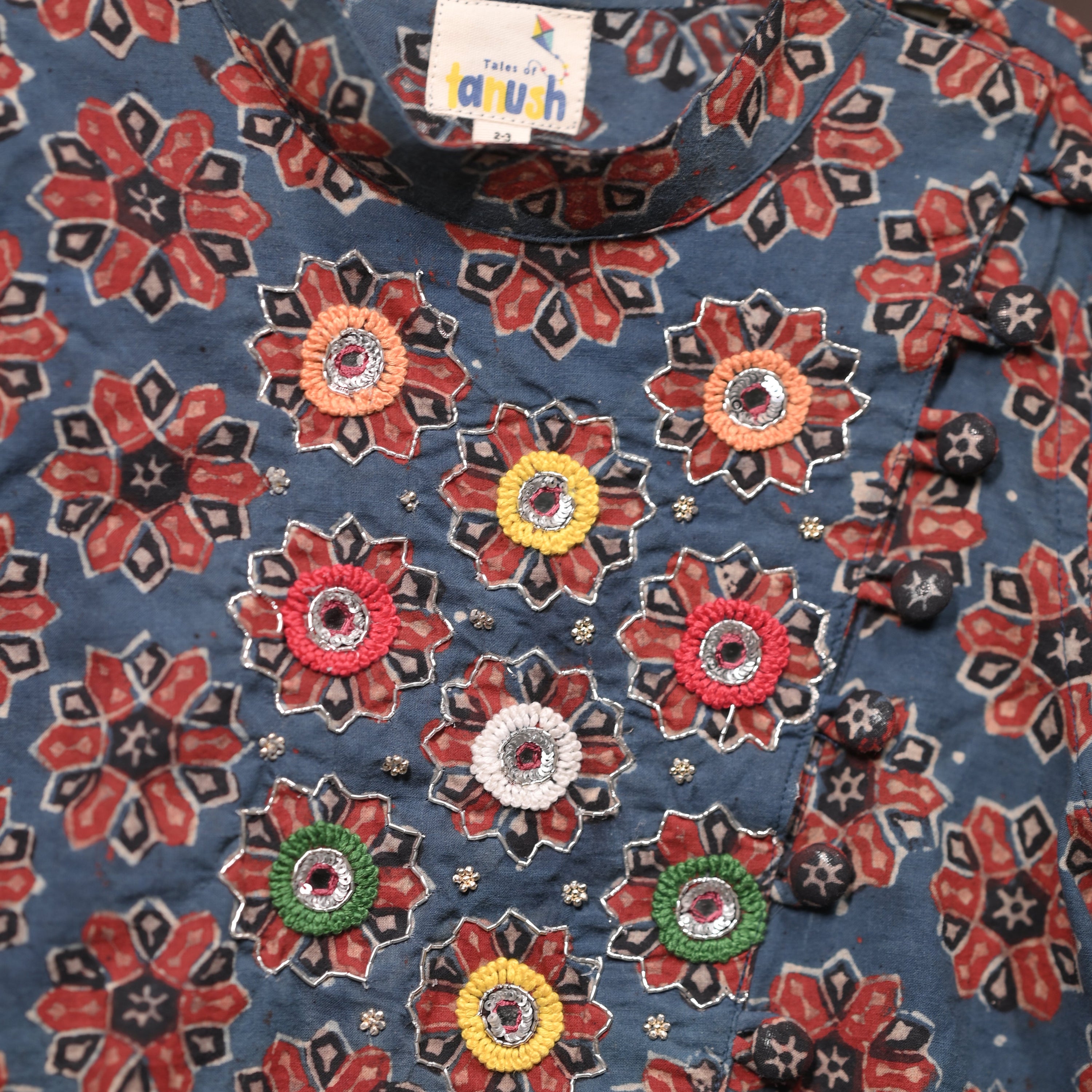 Starry Bloom Organic Cotton Hand Embroidered Ajrakh Kurta Set