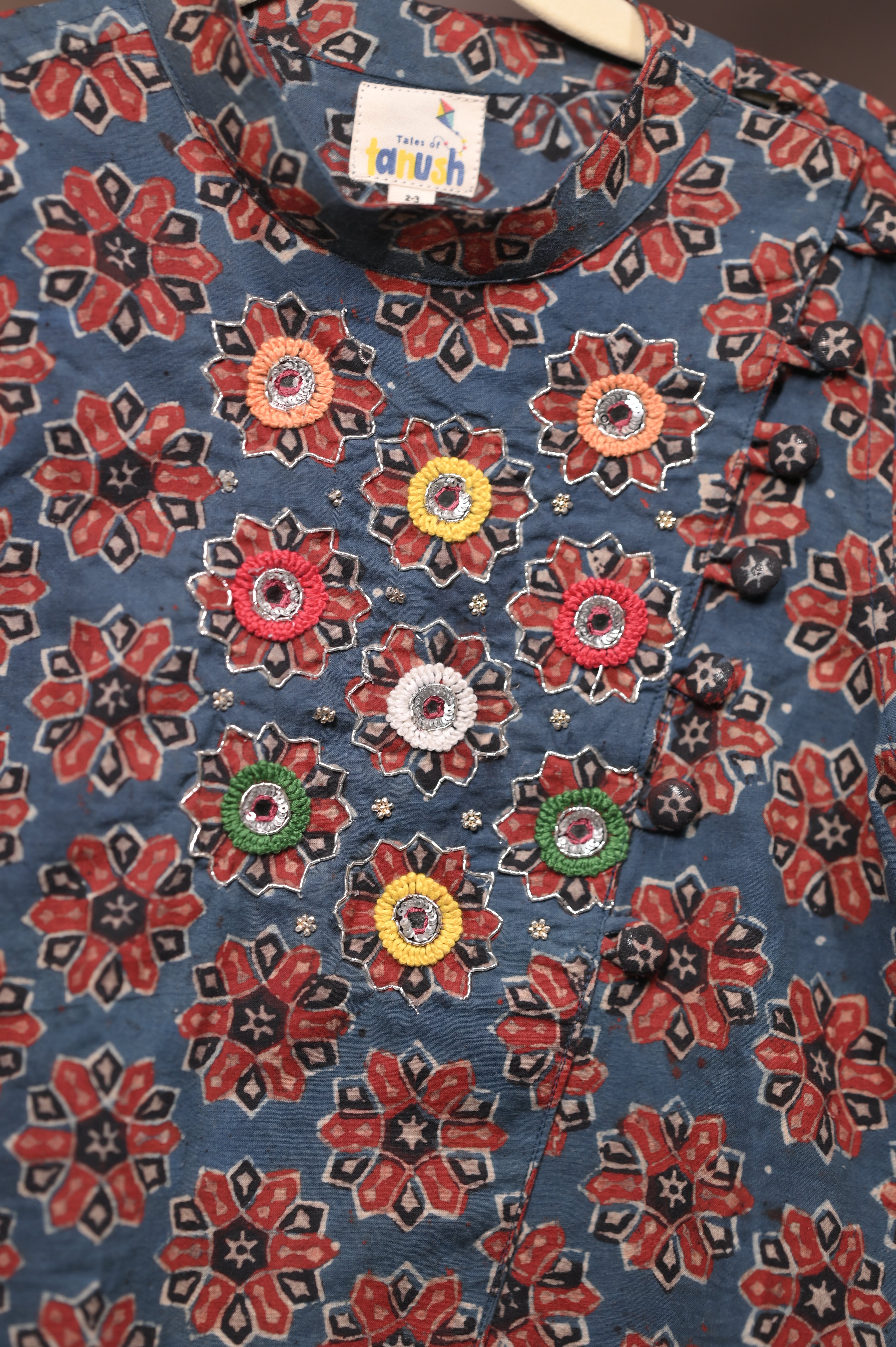 Starry Bloom Hand Embroidered Ajrakh Kurta Set