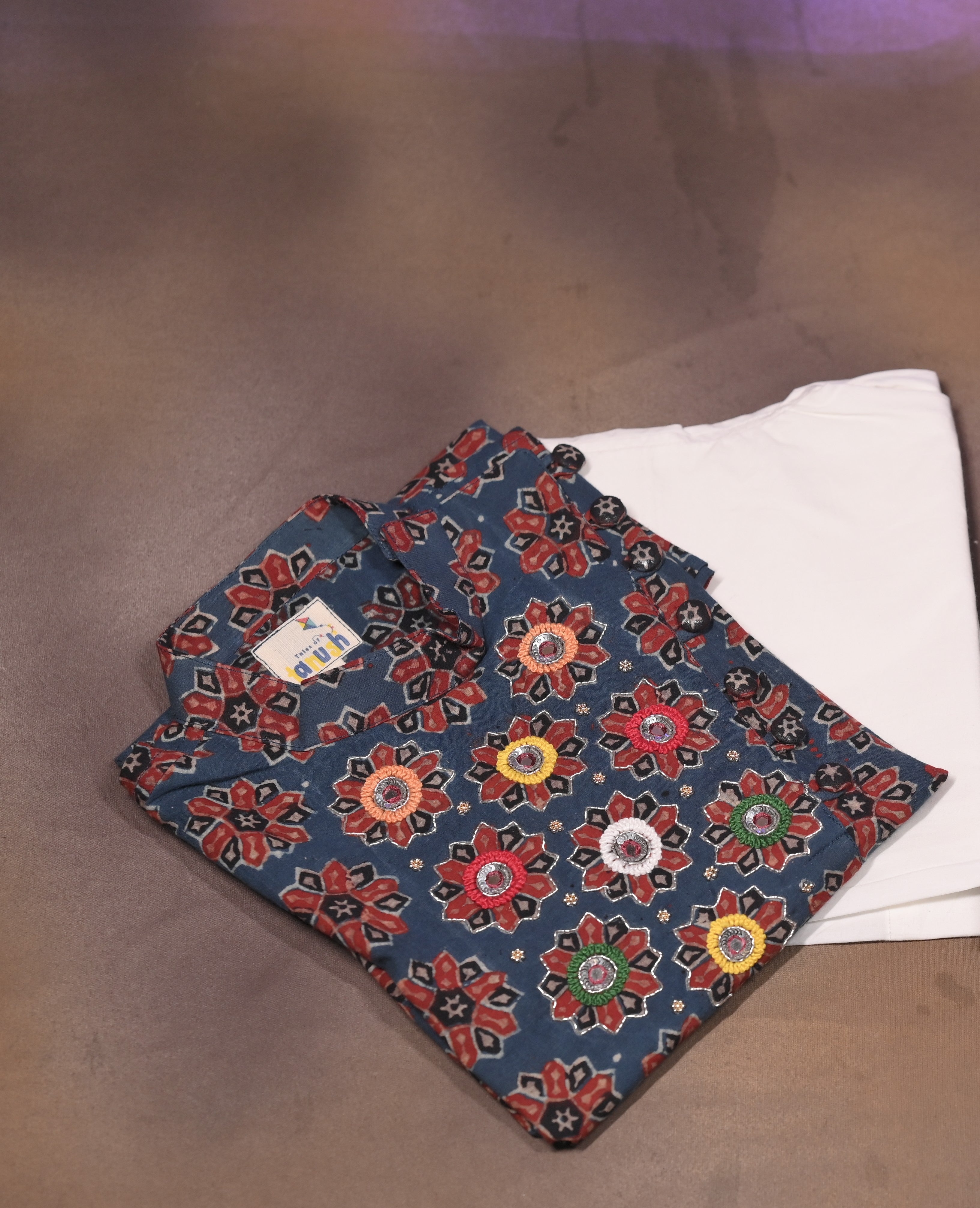 Starry Bloom Hand Embroidered Ajrakh Kurta Set