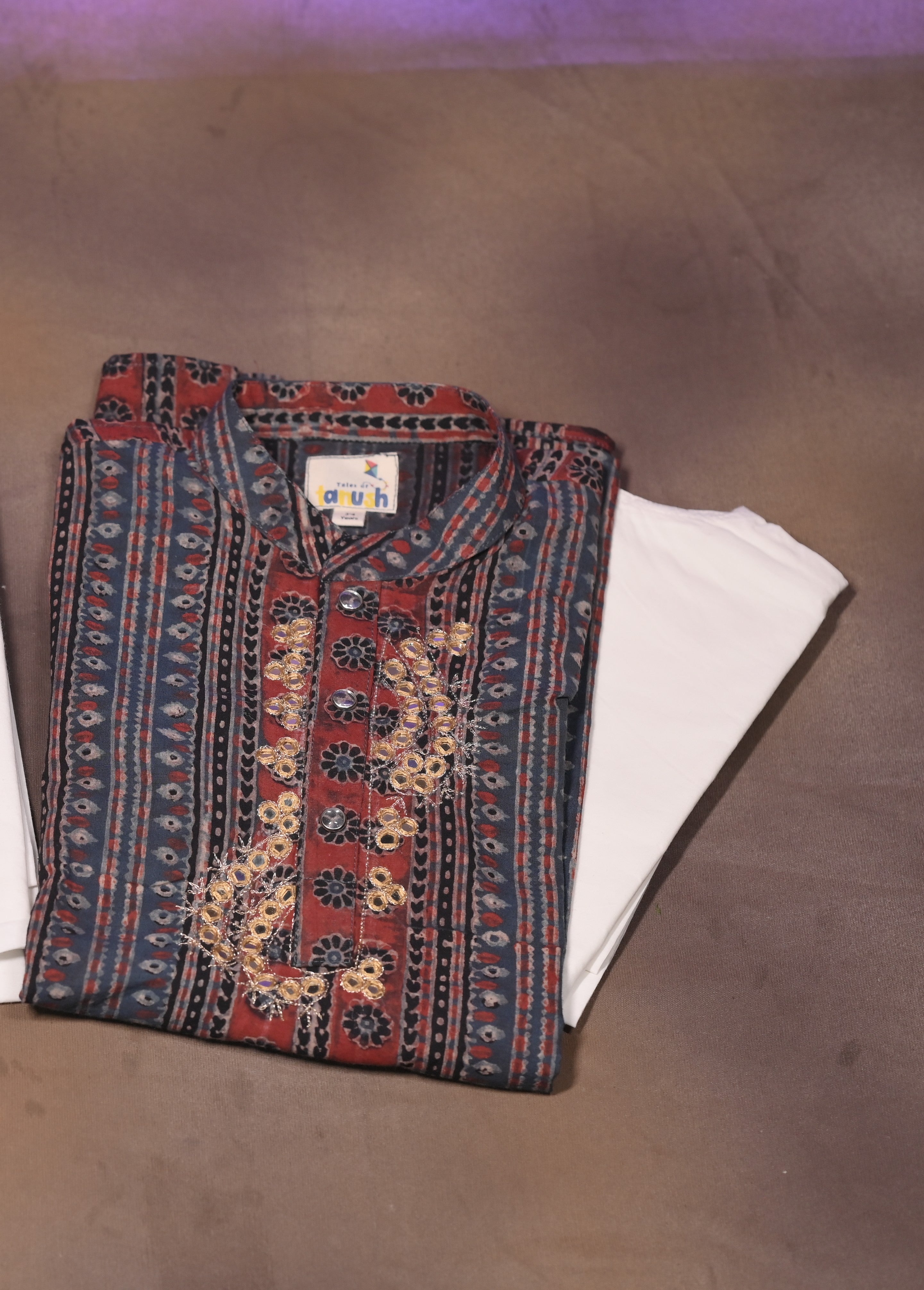 Regal Stripes Hand Embroidered Ajrakh Kurta Set