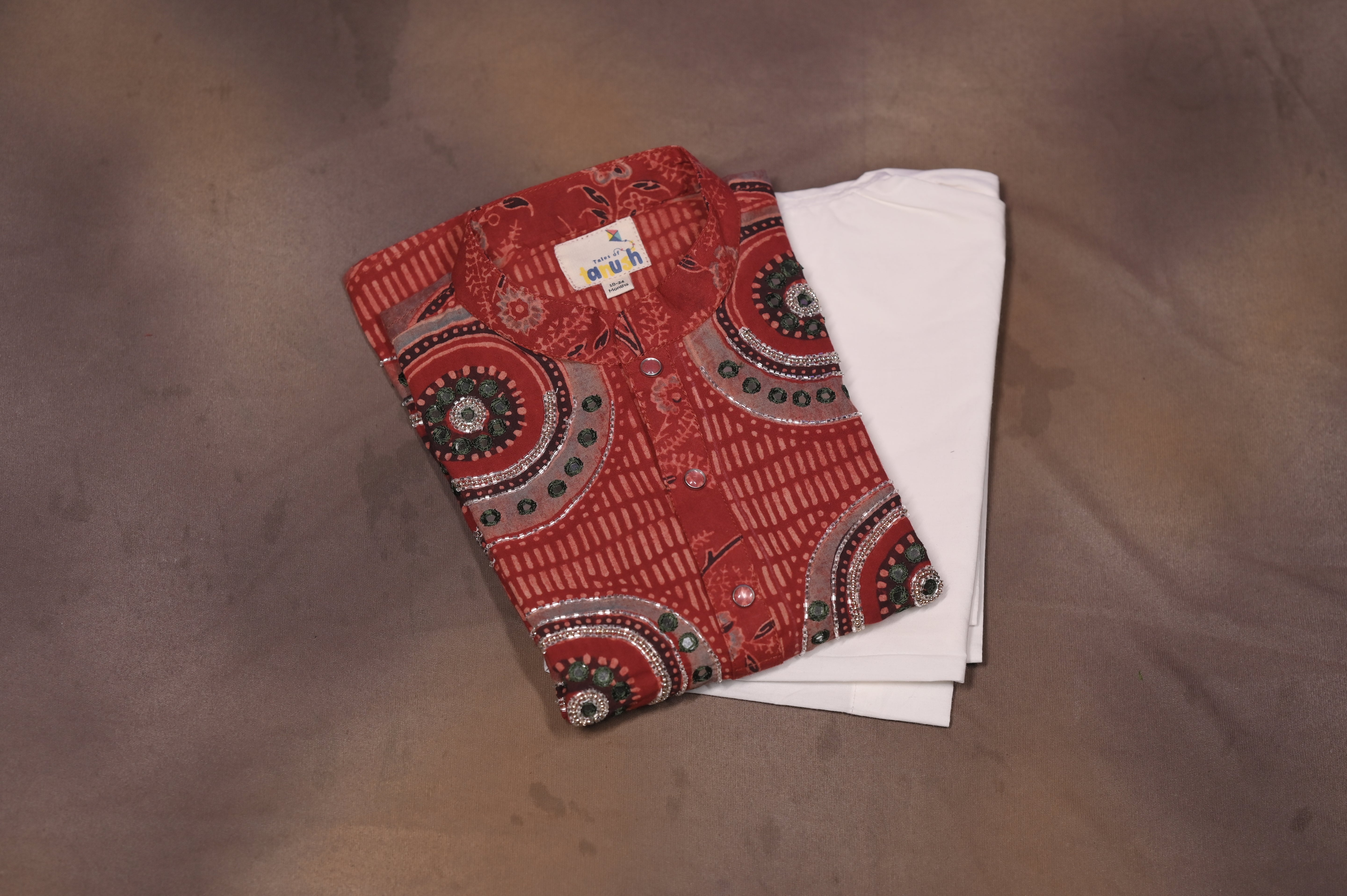 Mandala Hand-Embroidered Ajrakh Kurta Set