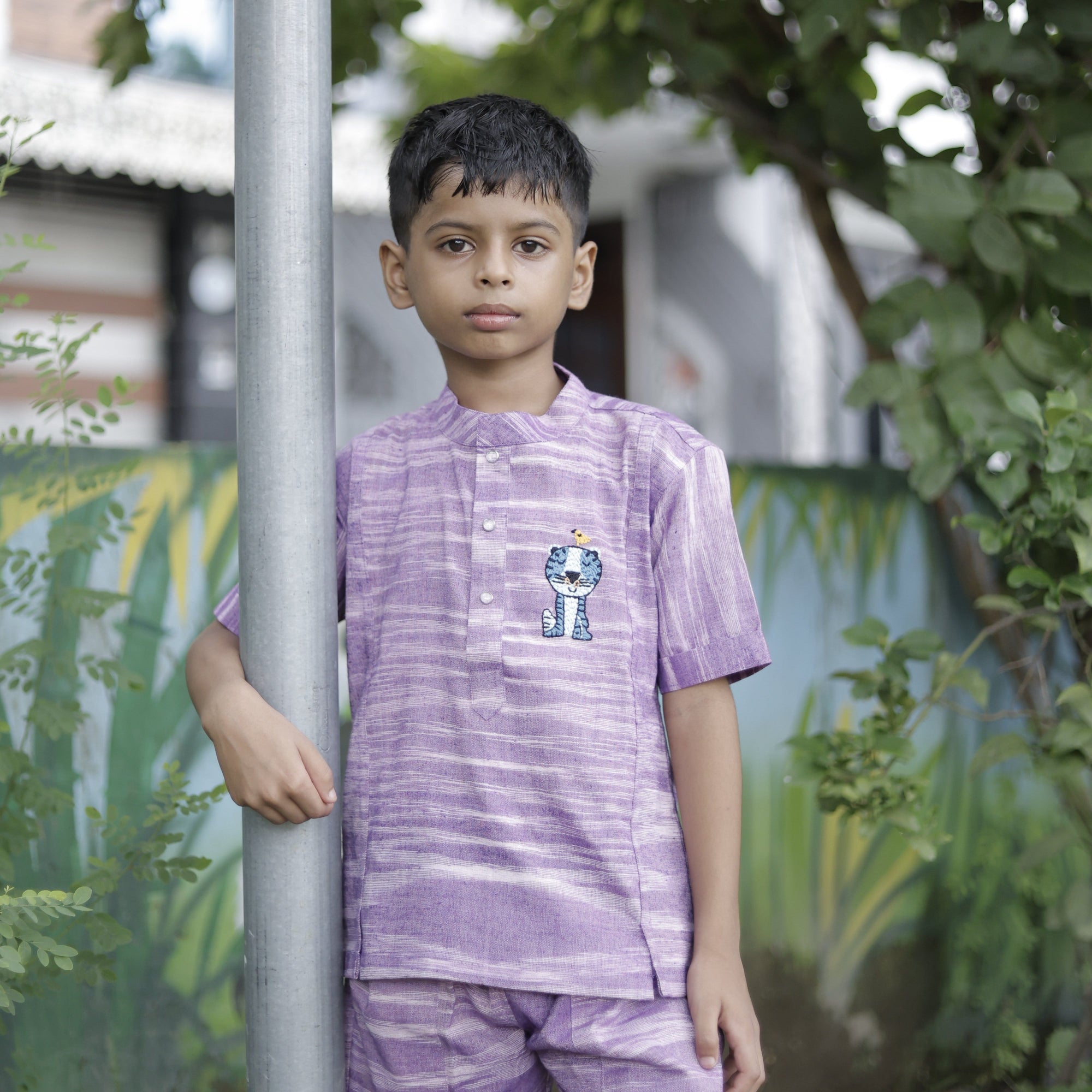 Cub & Chirp Mauve Hand Embroidered Khadi Co-ord Set