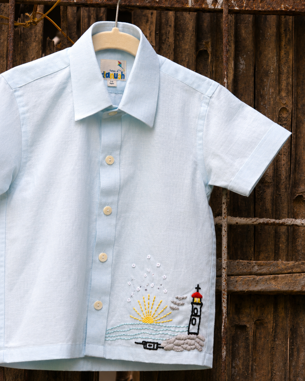Lighthouse Adventure Cotton Linen Hand Embroidered Shirt
