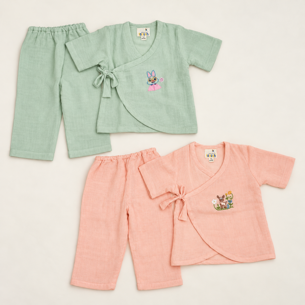 Meadow Friends Hand Embroidered Muslin Jhabla Set Bundle