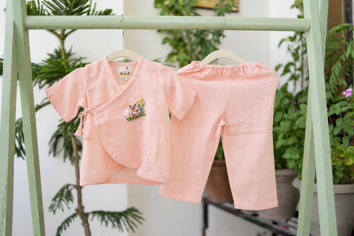 Meadow Fawn Hand-Embroidered Muslin Jhabla Set
