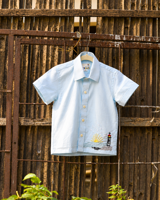 Lighthouse Adventure Cotton Linen Hand Embroidered Shirt