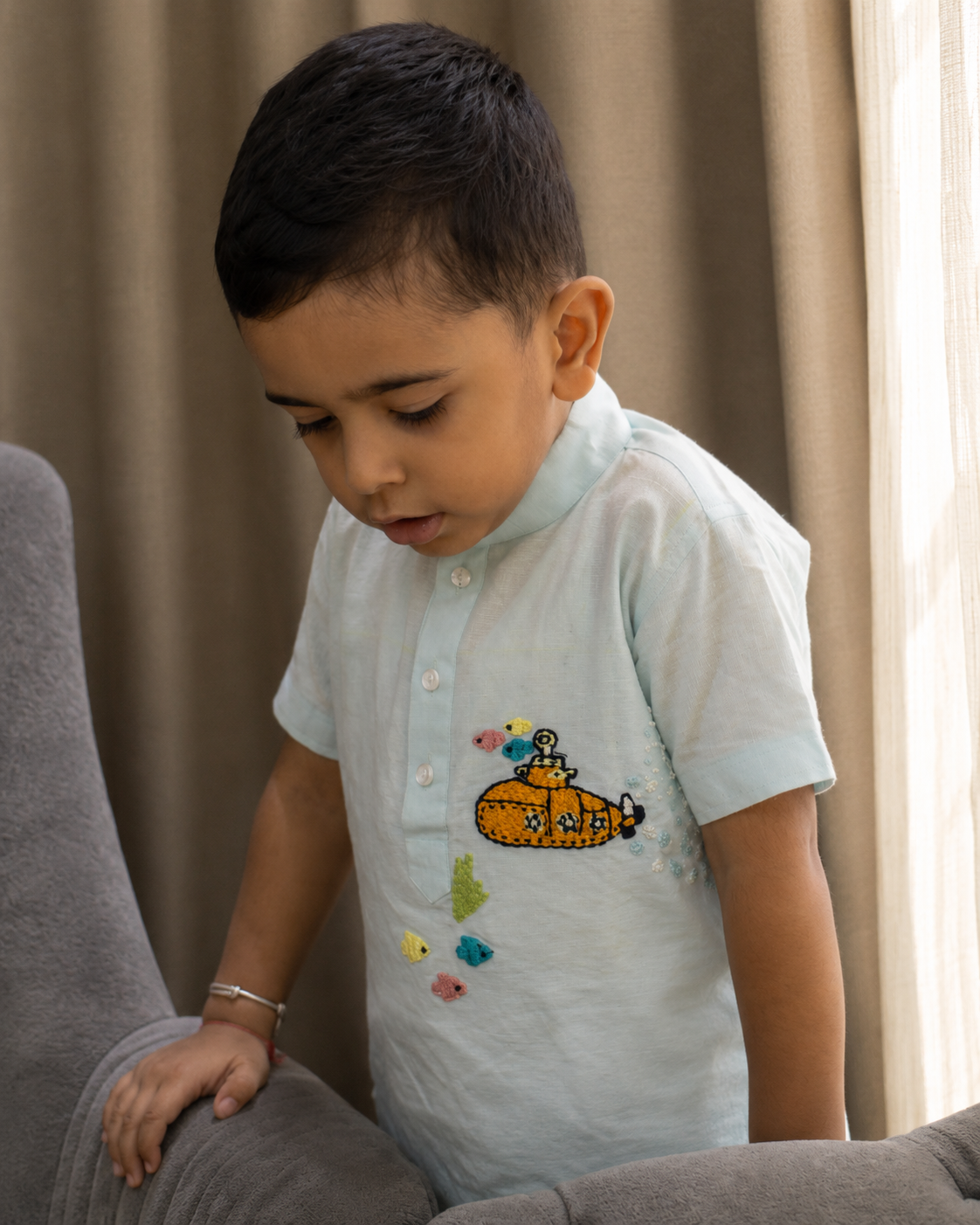 The Underwater Magic Cotton Linen Hand Embroidered Kurta Shirt