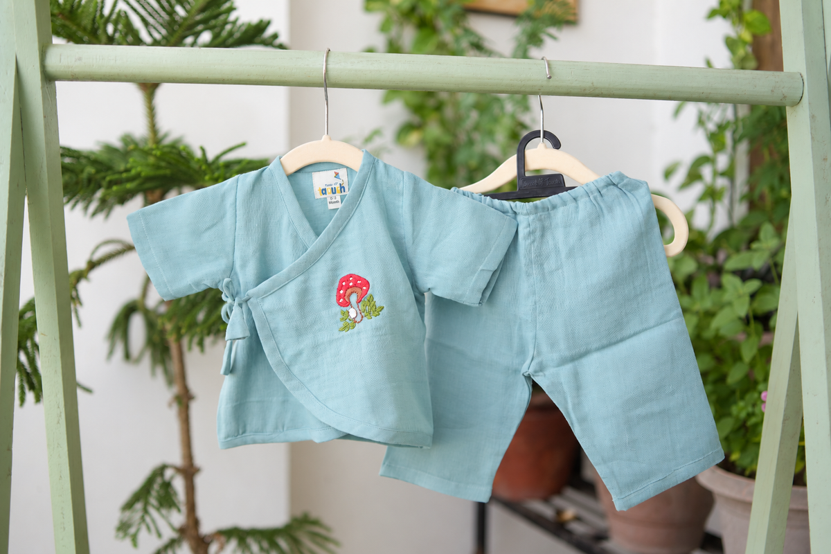 Mushroom Meadow Hand-Embroidered Muslin Jhabla Set