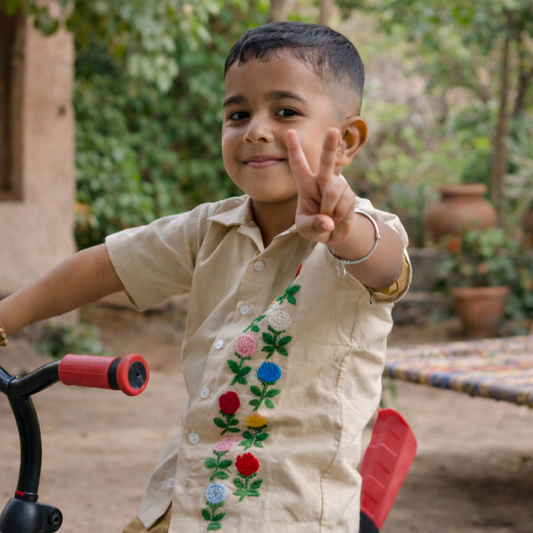 June Birthday Flower Cotton Linen Hand Embroidered Shirt