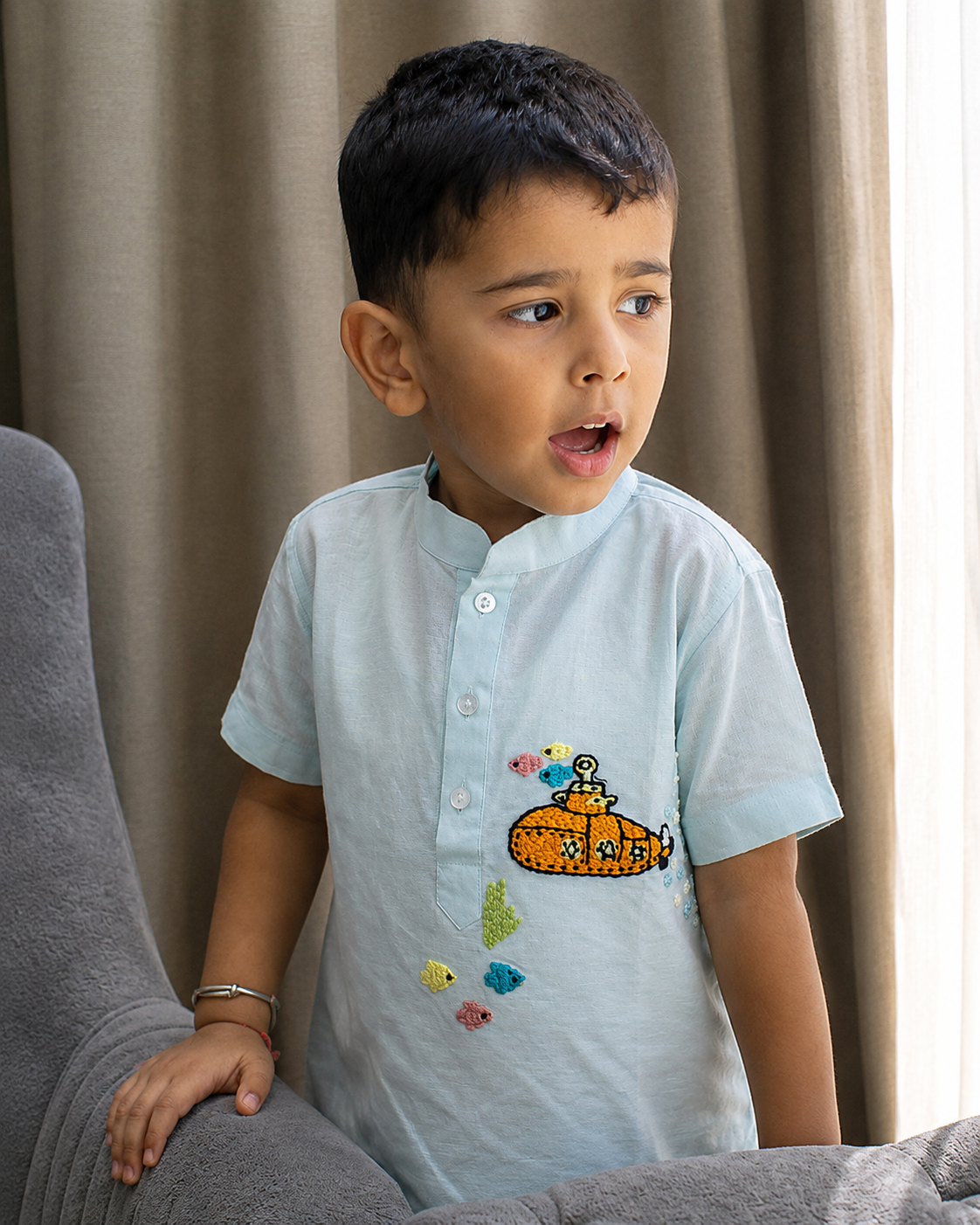 The Underwater Magic Cotton Linen Hand Embroidered Kurta Shirt