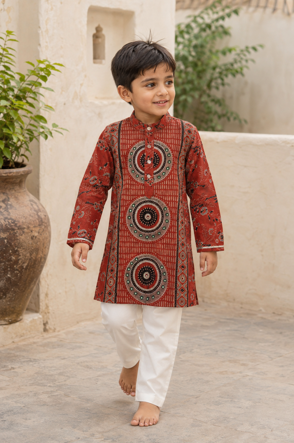 Mandala Organic Cotton Hand-Embroidered Ajrakh Kurta Set