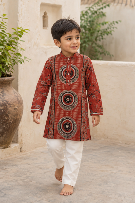 Mandala Organic Cotton Hand-Embroidered Ajrakh Kurta Set