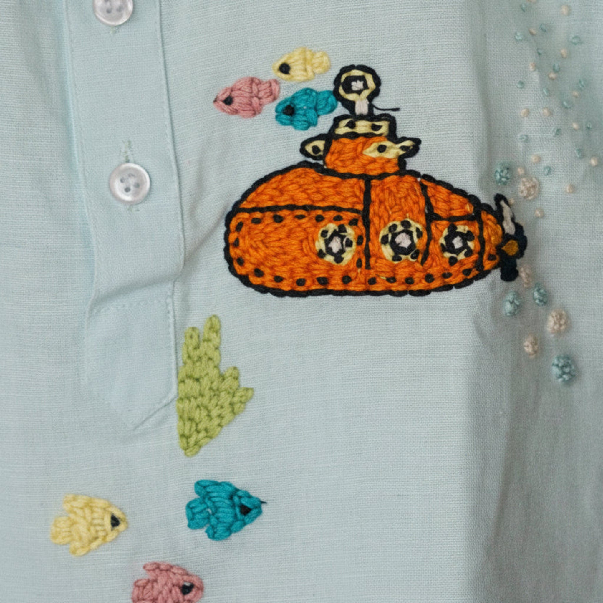 The Underwater Magic Cotton Linen Hand Embroidered Kurta Shirt